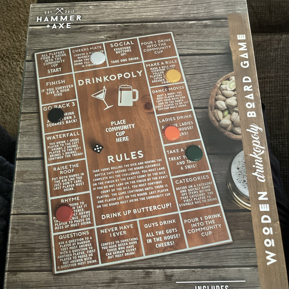 NEW 🍷🍺 Hammer + Axe Drinkopoly Wooden Beer Board DRINKING Party GAME Complete!